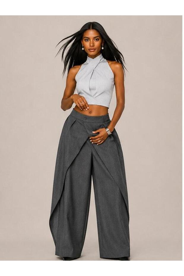 Women's Smoked High-Waisted Double-Breasted Detailed Wide-Leg Trousers – Stylish & Comfortable Oversized Pants