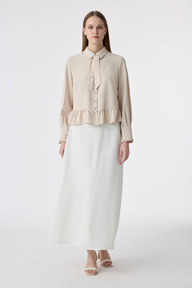 Scarf and Buttoned Flounce Beige Shirt 0122