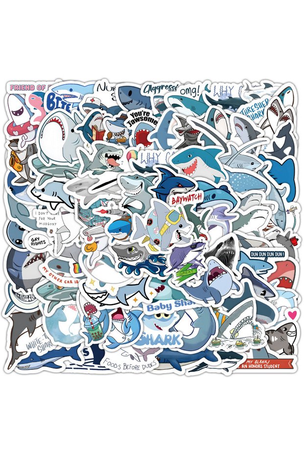 100PCS 100Pcs Cute Cartoon Shark Ocean Sticker Set - Waterproof Decor for Luggage & Phones Recording