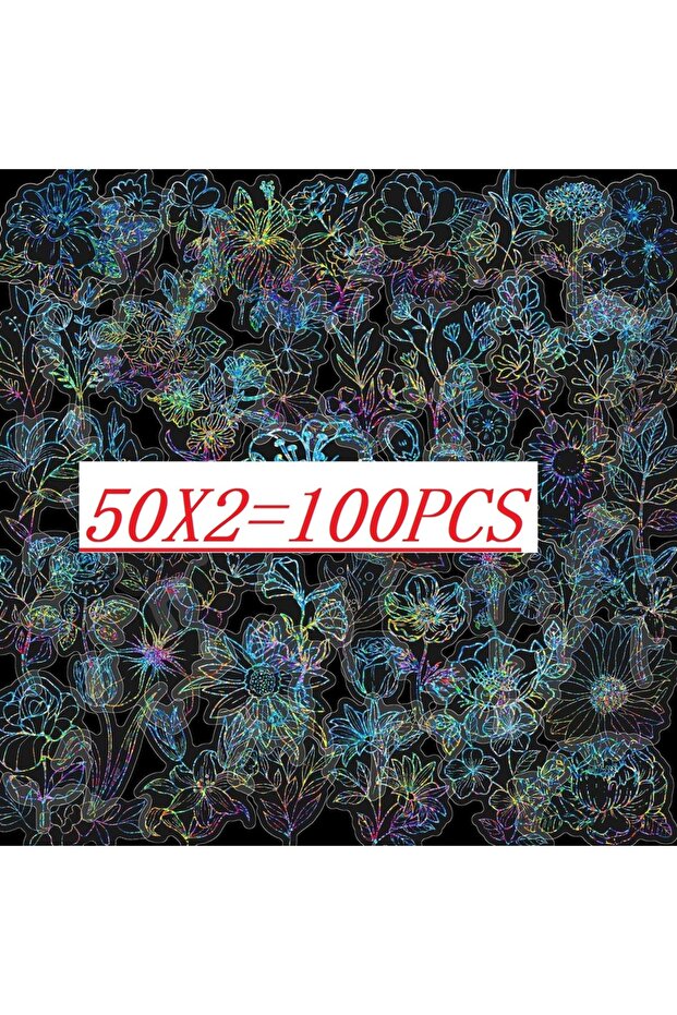 100PCS Variety 50/100 PCS Silver Flower Laser Stickers DIY Decor Water Cup Text Transparent PET Stic