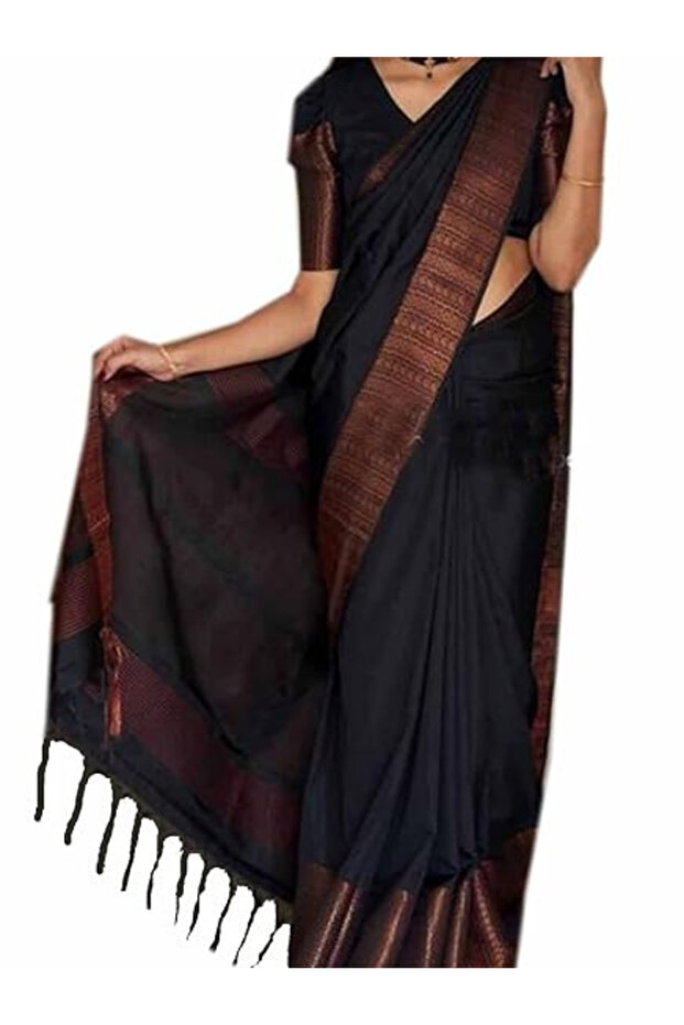 Black Soft Lichi Silk Saree with Woven Bronze Border - MAF3115 | Black