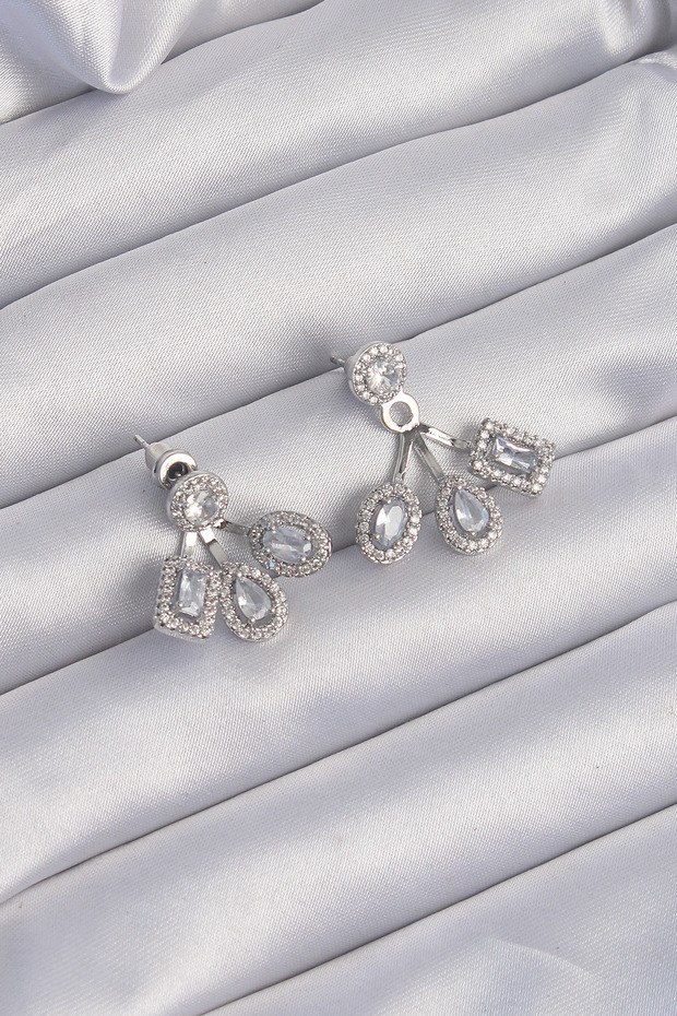 Brass Silver Color Zircon Stone Geometric Model Earrings 5886 - Oembys1166-3306