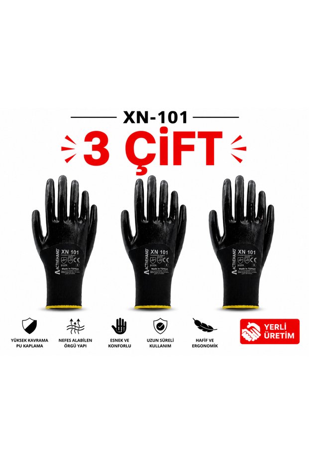 XN-101 Nitril Kaplama İş Eldiveni 3 Çift Siyah