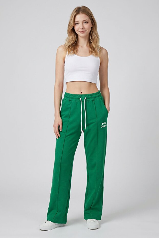 Green Printed Wide-Leg Sweatpants