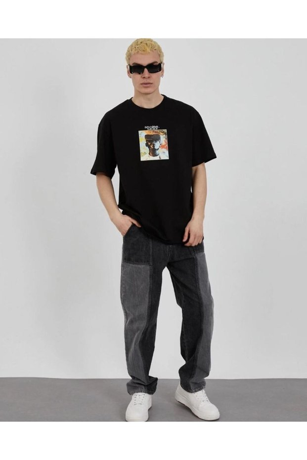 Men's Short Sleeve Summer T-Shirt Crew Neck Printed Oversize T-Shirt - Black