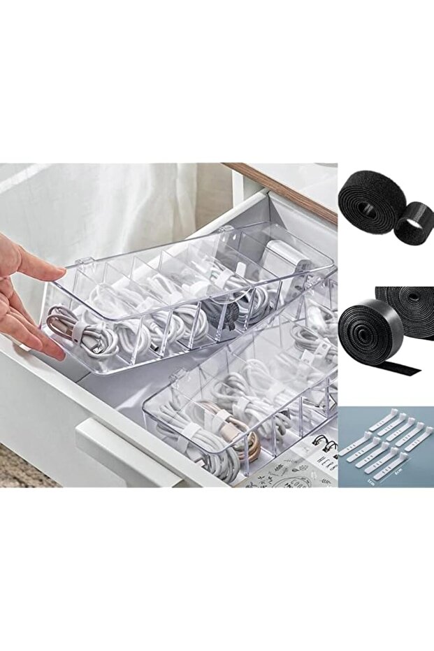 Transparent Data Cable Organizer Storage Box With Cover Lid Charger Cables Organiser Desk Storage Organizer Cable Management 2m Hook and Loop Tape roll straps,10 silicon Cable Ties