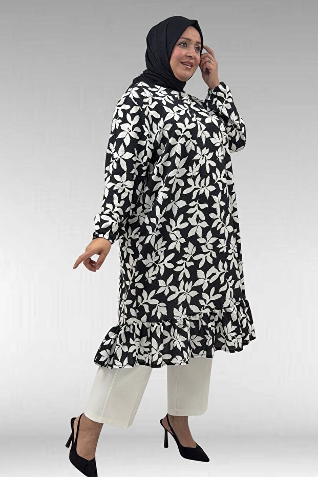 68040 Plus Size Skirt Ruffled Mango Tunic - Leaf Pattern Black