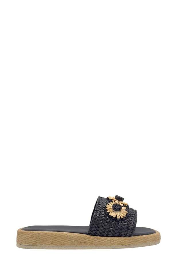 Black Straw Flower Accessory Single Strap Women's Slippers