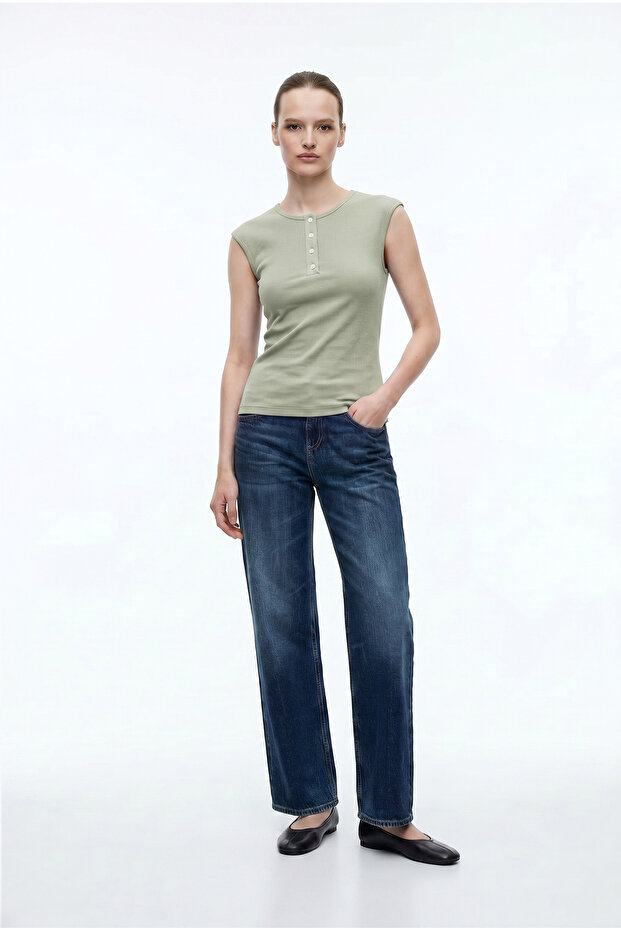 Ay Sleeve Ribbed Basic T-Shirt - Green - 1