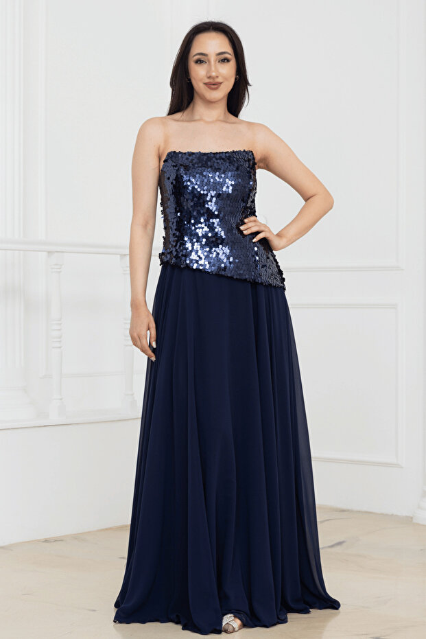 Top Sequined Bottom Chiffon Long Evening Dress - Dark Blue