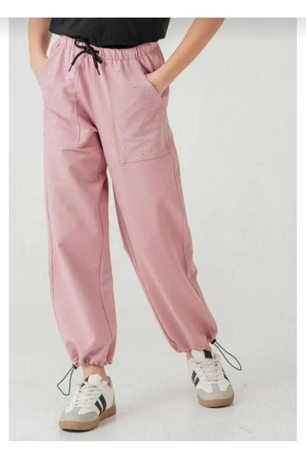 Pink Paça with Stones on the Pocket, Girls' Sweatpants with Elastic Stoppers 6168-2