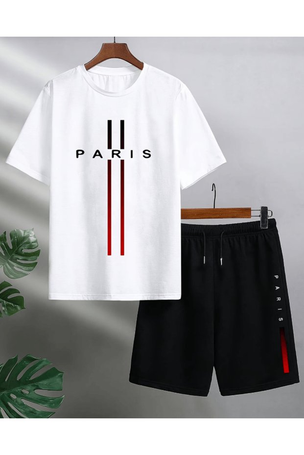 Dikey Paris Printed Men's Premium Oversize Top and Bottom Set T-Shirt and Shorts Set