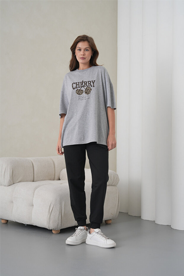 Women's Leopard Pattern Cherry Printed Gray Round Neck T-Shirt Black Jogger Sweatpants Set