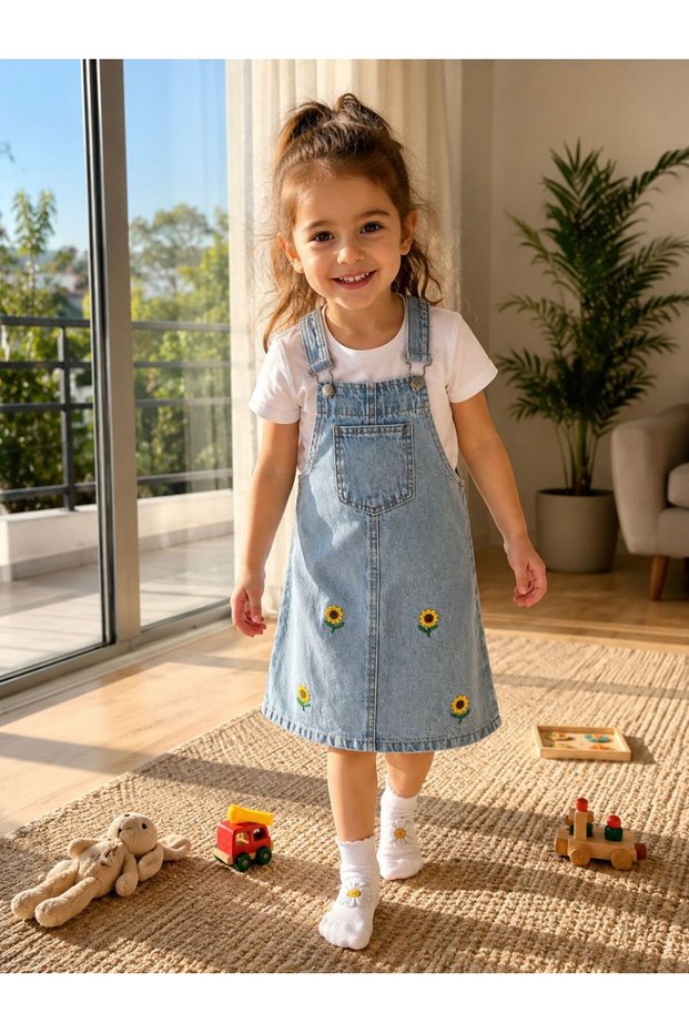 Girl's Denim Gilet Dress with Daisy Embroidery Detail and Adjustable Straps