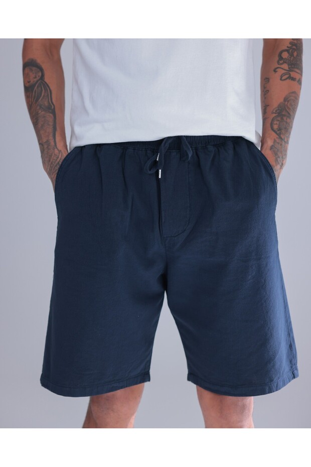 Men's Navy Blue Linen Shorts – Oversized Comfortable Summer Casual Shorts with Elastic Waist and Drawstrings