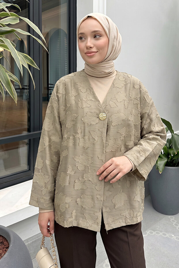 Jacquard Detailed Kimono Y0111 - Light Khaki