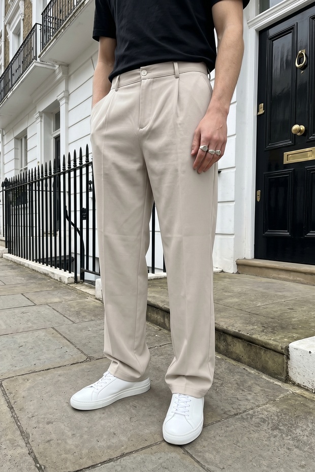 Salto Double Fabric Pleated Men's Beige Baggy Pants Wide Leg Trousers