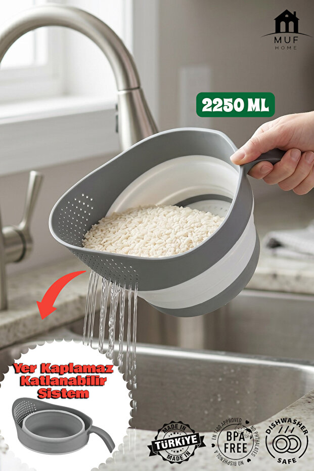 مصفاة أرز عملية قابلة للطي لا تشغل مساحة كبيرة - تصميم أكورديون بمقبض، خالية من مادة BPA، مناسبة للتخييم والكرفانات (2250 مل)