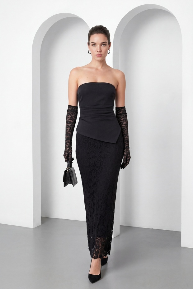 Women's Black Strapless Collar Lace Detail Maxi Dress