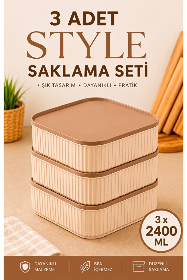 Set of 3 Square Storage Containers Striped Beige | 3 X 2400ml | Microwave and Freezer Compatible