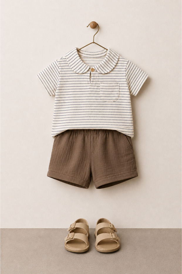 Baby Boy 2-Piece Set Polo Collar Striped Muslin T-Shirt Muslin Shorts Daily Special Occasions Holiday Daily