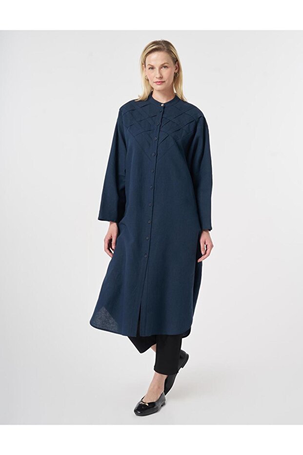 Lattice Knitted Cotton Linen Tunic Dark Navy Blue
