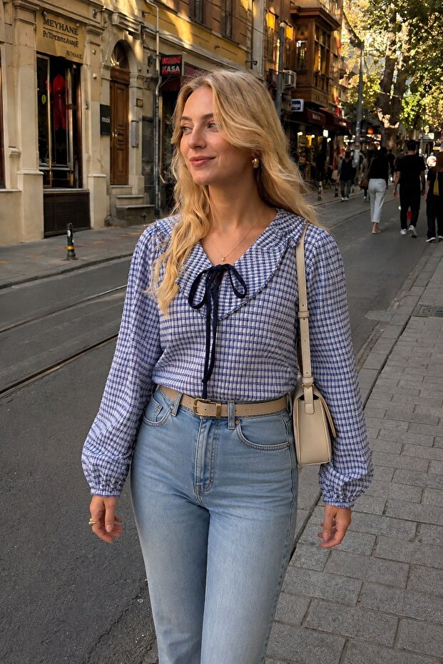 Women's Navy Blue Flounce Collar V-Neck Gingham Blouse Arm-26Y001090