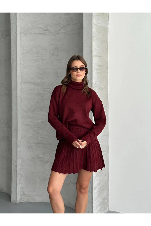 Oversized Turtleneck Sweater with Skirt, Double Knitwear Set