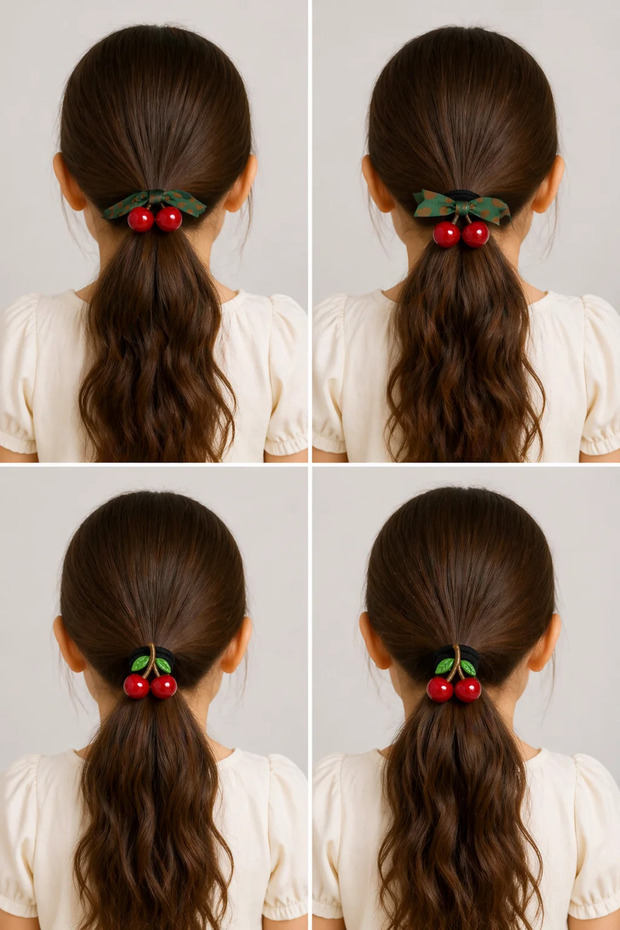 Girl's Cherry Figured Rubber Hair Clip Set of 4 – Cute Fruit Detailed Hair Clips