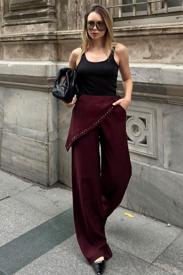 Burgundy Waist Shawl Tie Detail Sequin Printed High Waist Wide Leg Women's Modal Trousers