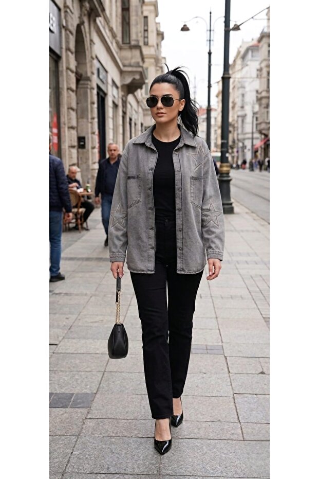 Women's Gray Oversize Star Embroidered Denim Shirt Jacket