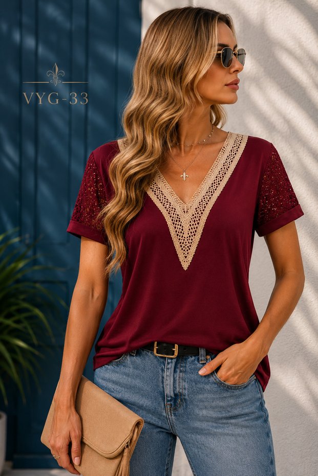 The Most Comfortable Expression of Elegance - Women's Lace Detailed V-Neck Viscose Blouse |   Vyg-33