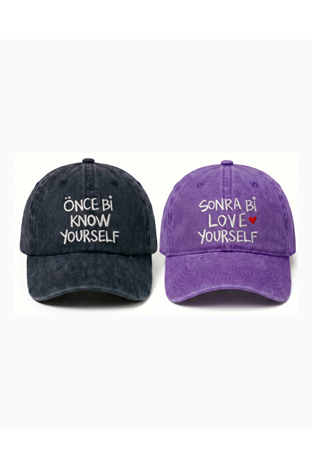 "First Bi Know Yourself" and "Then Bi Love Yourself" Embroidered Printed 2-Piece Hat Set / "First Bi Know Yourself" and "Then Bi Love Yourself" Baseball Cap Hat