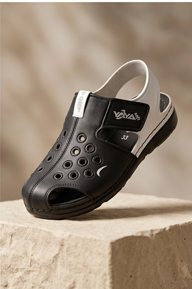 Breezewalk Lightweight and Flexible Sole Perforated Boys' Black and White Sandals - Velcro Back Strap