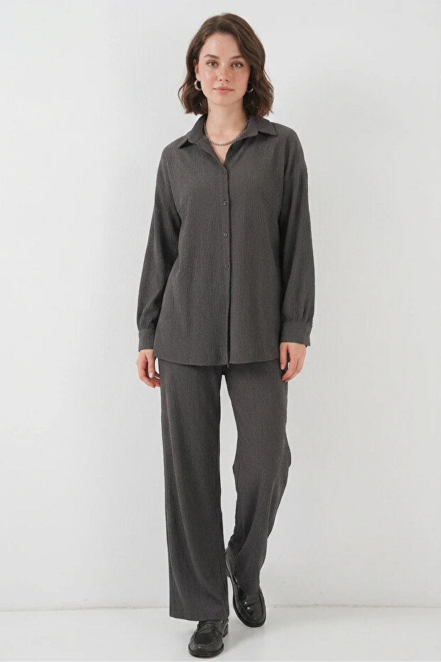 Women's Shirt Collar Oversize Vertical Striped Fabric Anthracite Double Set