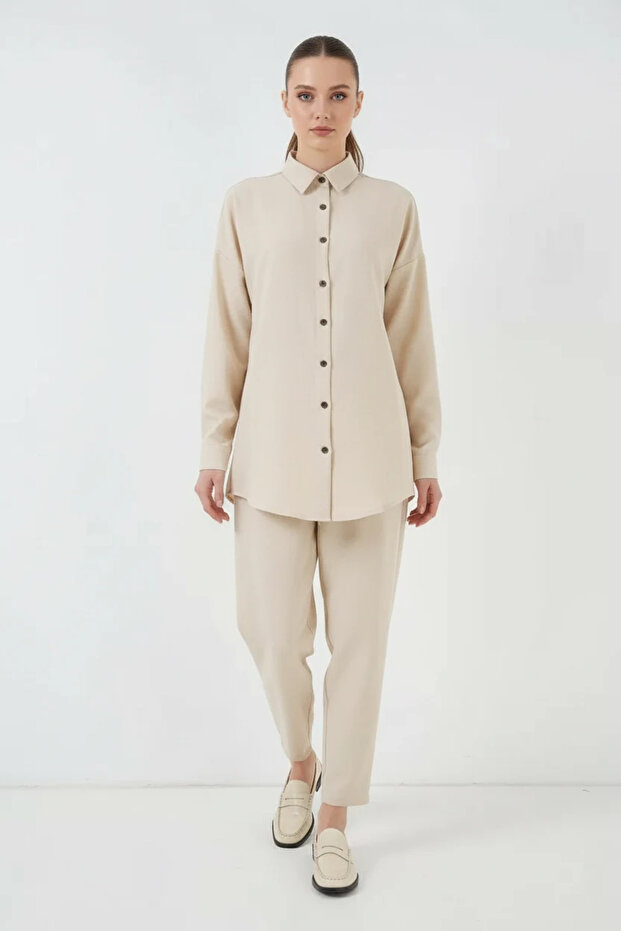 Women's Shirt Collar Buttoned Linen Cream Double Set