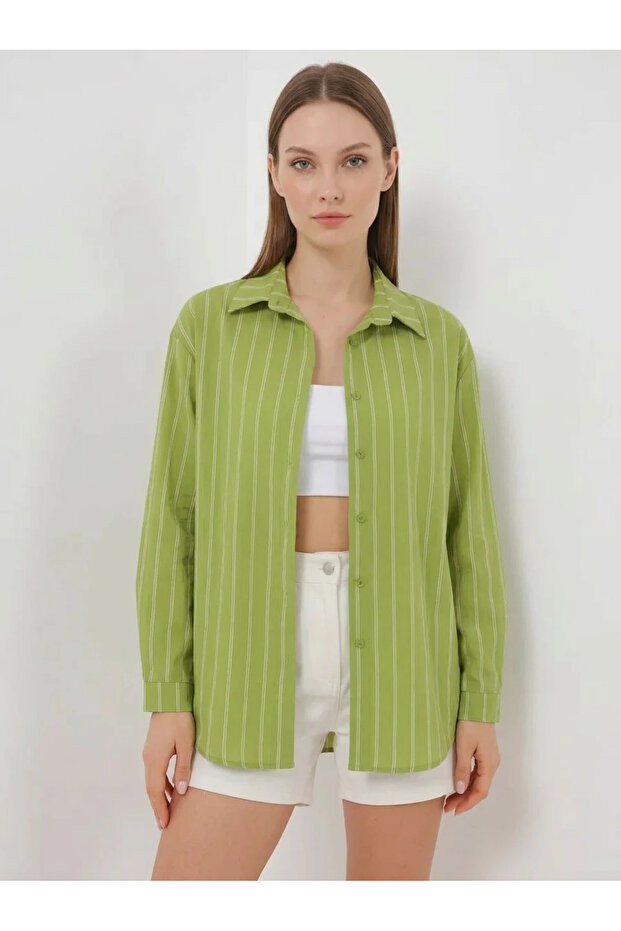 Women's Oversize Striped Viscose Green Shirt