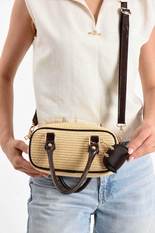 Women's Straw Bohemian Hand and Shoulder Bag, Long Strap Bag with Mini Wallet Accessory (Length 11 cm Width 22 cm)