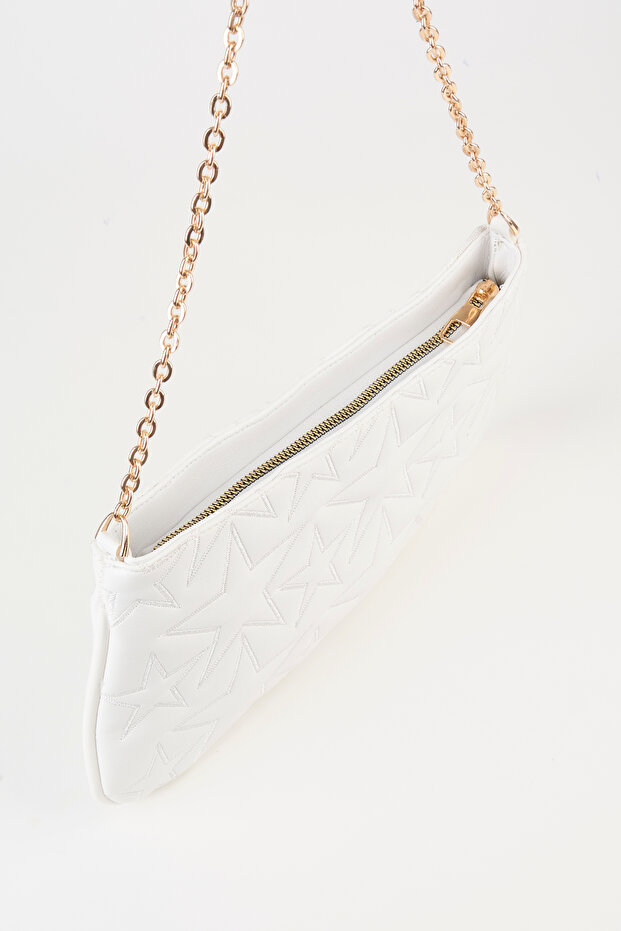 Women's Dalya White Star Embroidered Lined Zipper Closure Baguette Handbag