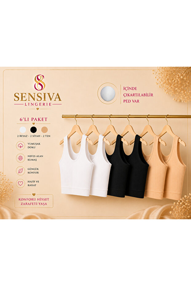 6-Piece Ribbed Thick Strap Bustier - with Removable Pads - Cotton Crop Half Tank Top - Wire-Free Comfort (6 Pieces) 2 White - 2 Black - 2 Tan