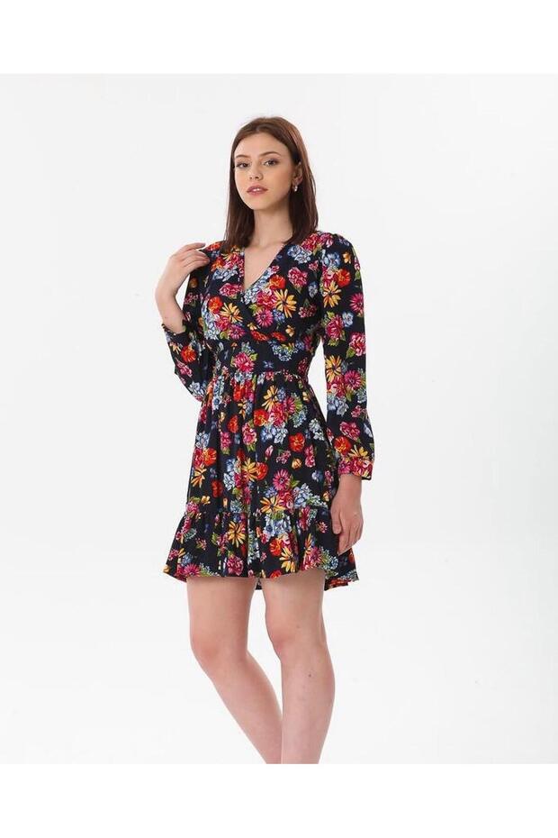 Women's Double Breasted Collar Flower Patterned Summer Short Dress