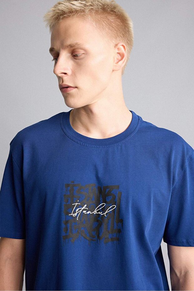 100% Cotton Regular Fit Crew Neck Printed Short Sleeve Sax Blue T-Shirt I2347Ax26Sm