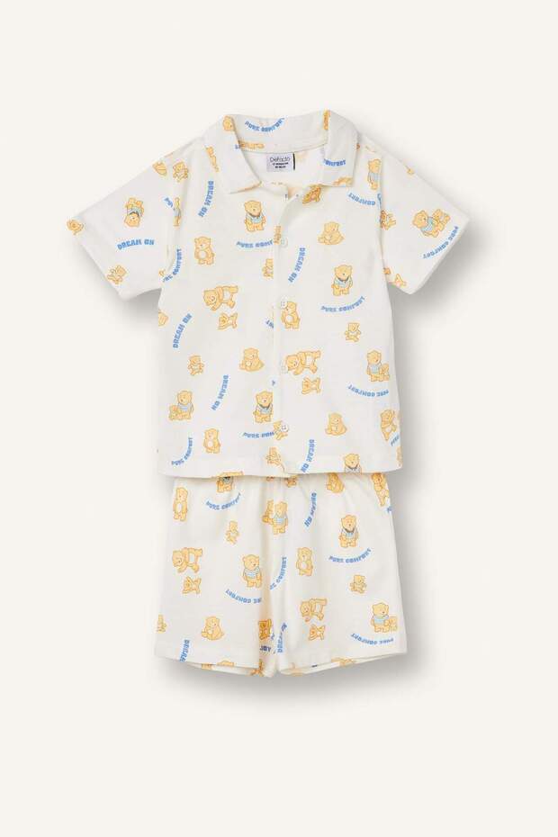 100% Cotton Regular Fit White Pajama Set with 2 Teddy Bears for Boys H5379A526Hs