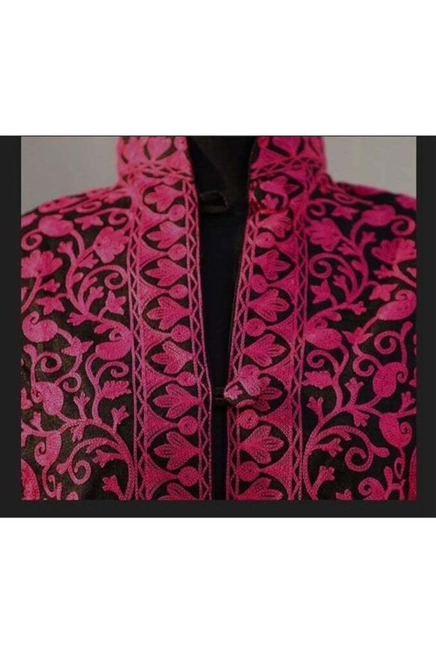 Women's Long Sleeve Tunic Coat, Pink and Black Paisley Print, Embroidered Design, Kashmiri Embroidery, Festive, Casual, Evening Wear