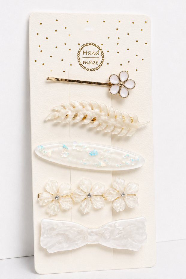 Set of 5 Vintage Flower and Pearl Detailed Hair Clips | Gold Color Snap Buckle Women's Hair Accessory