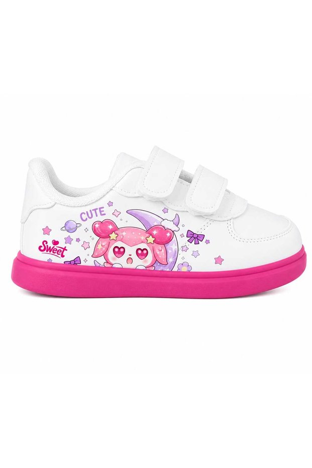 Children's Sports Shoes Sneaker with Pink Character Print and White Pink Sole Band
