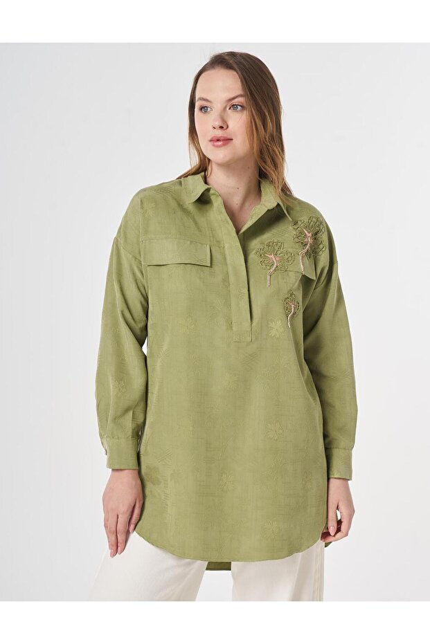 Embroidered Appliqué Modal Tunic with Cover Pockets in Matcha Green