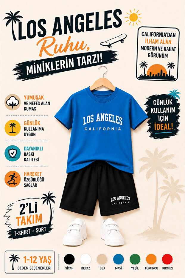 🌴 Los Angeles California Printed Kids' Set – Future Astronauts' Uniform | 2-Piece T-Shirt & Shorts Set