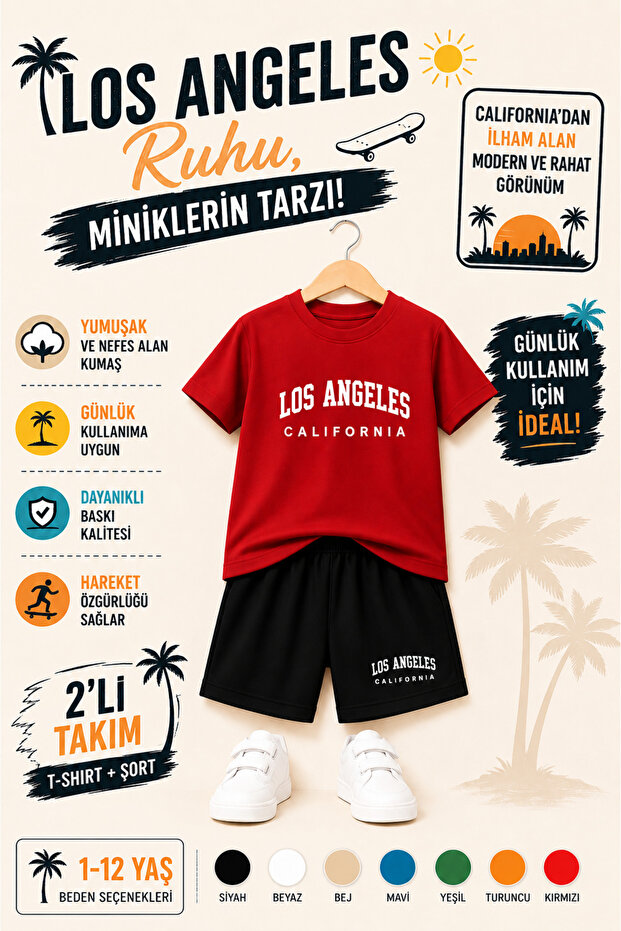 🌴 Los Angeles California Printed Kids' Set – Future Astronauts' Uniform | 2-Piece T-Shirt & Shorts Set