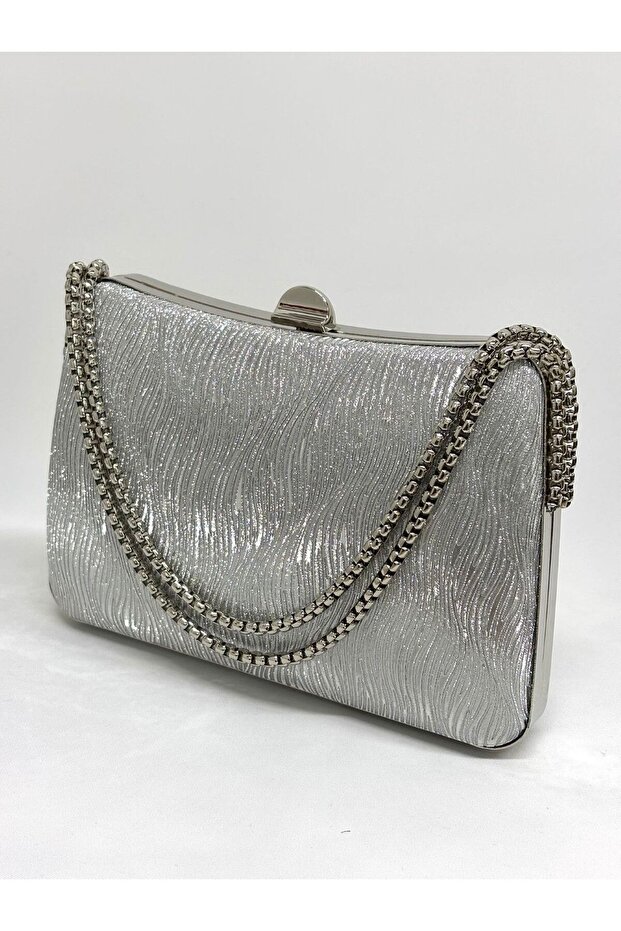 Women's Wavy Silver Evening Dress Clutch Chain Strap Hand and Shoulder Wedding Engagement Evening Bag
